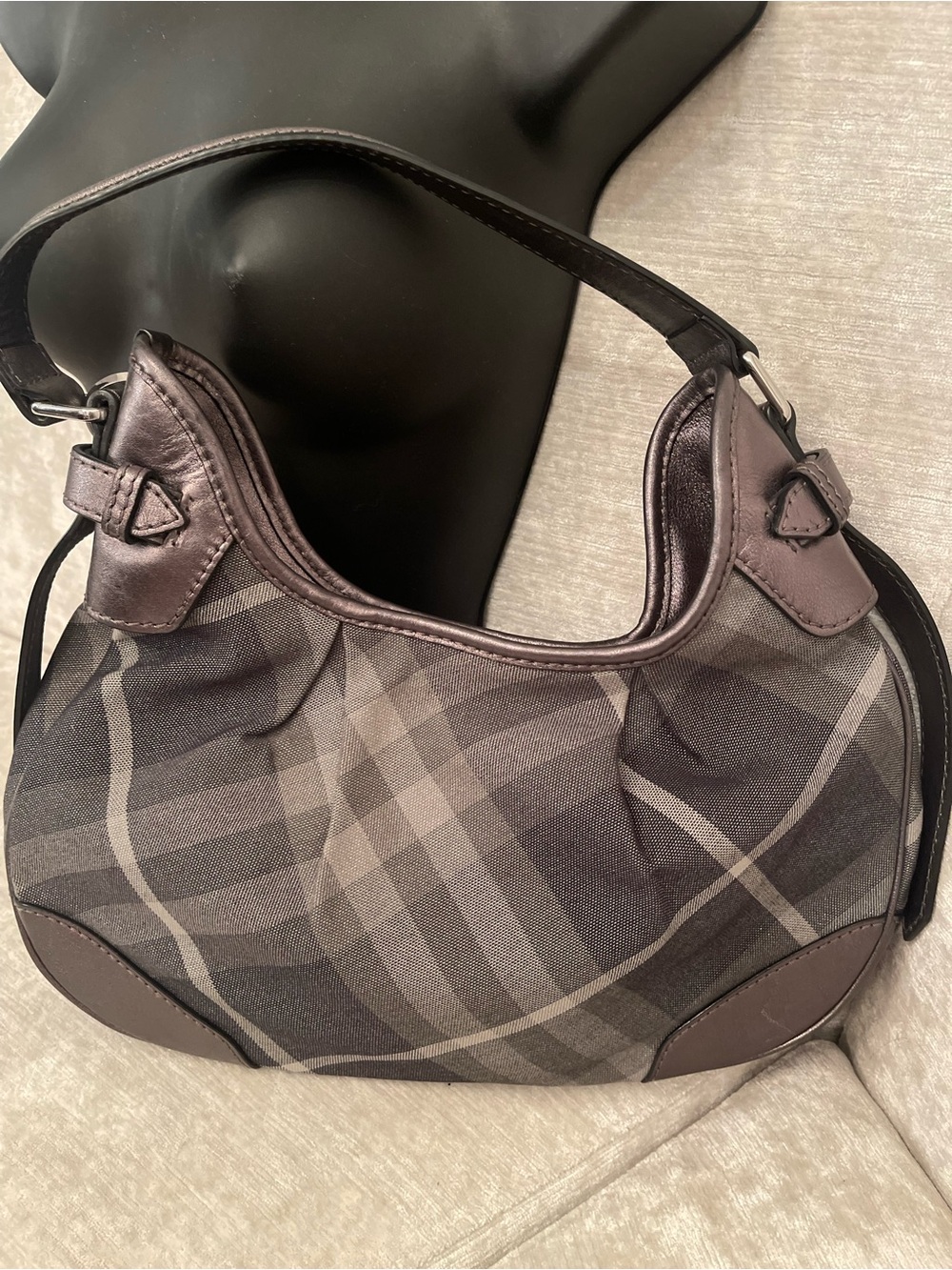 Burberry Charcoal Plaid Shoulder Hobo Bag - Picture 4 of 11